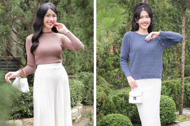 Áo len mix với chân váy trắng Áo len mix với chân váy trắng