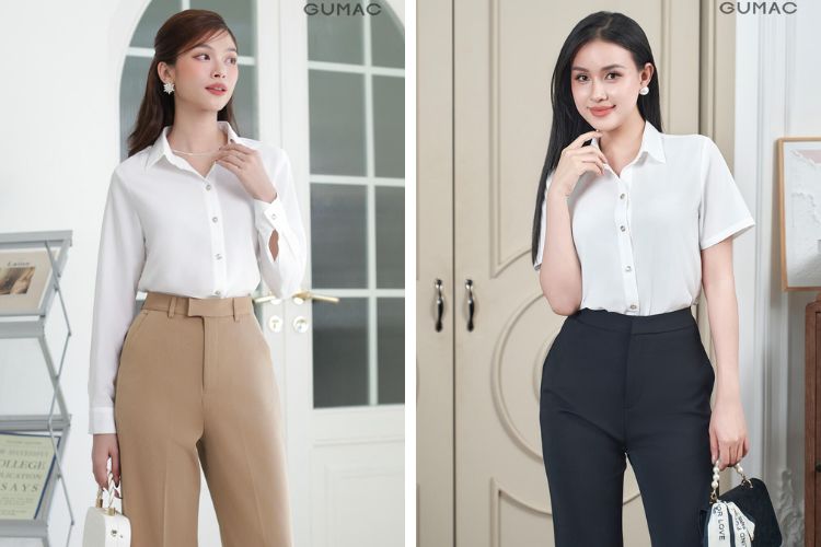 Áo sơ mi trắng phối với quần tây cạp cao Áo sơ mi trắng phối với quần tây cạp cao