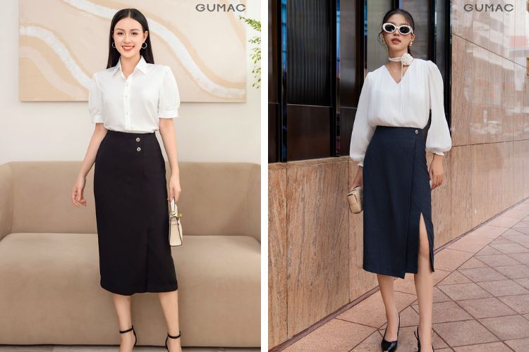 Chân váy bút chì mix áo tay phồng Chân váy bút chì mix áo tay phồng