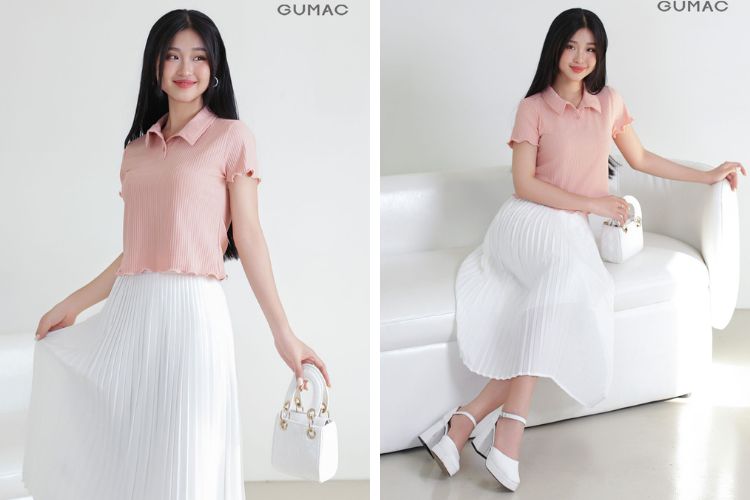 Chân váy xếp ly mix cùng áo polo Chân váy xếp ly mix cùng áo polo