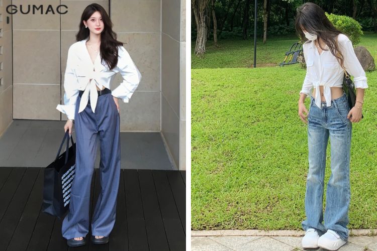 Áo sơ mi cột tà phối cùng áo thun Áo sơ mi cột tà phối cùng áo thun