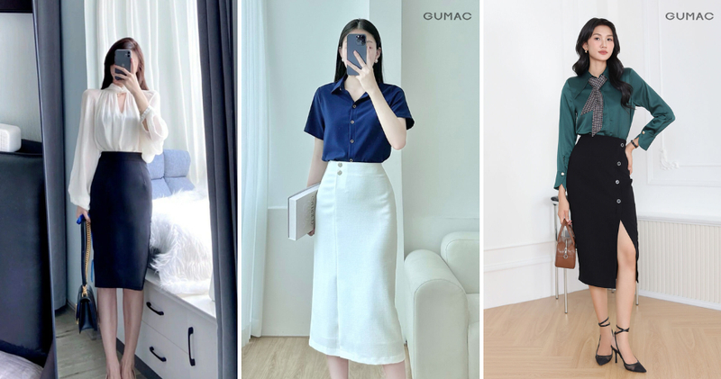 Phối áo sơ mi lụa ôm nhẹ với chân váy ôm/bút chì khoe trọn vóc dáng.