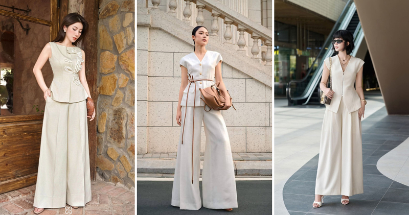 Phối đồ công sở với trang phục nguyên set chất liệu linen.