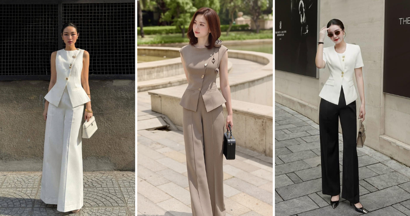 Phối đồ công sở với áo peplum phối quần suông đứng.