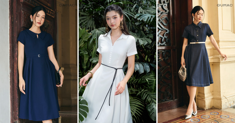 Phối đồ công sở với váy đầm xòe có đai thắt eo.