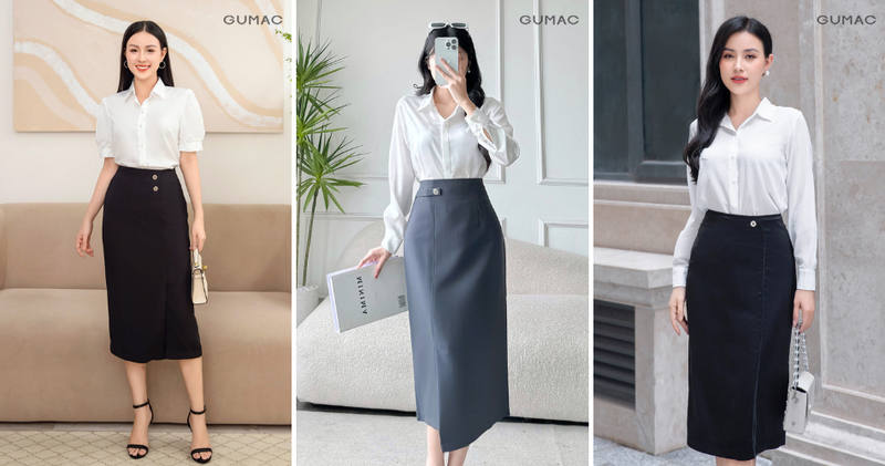 Phối đồ công sở với áo sơ mi sơ vin chân váy bút chì có điểm nhấn hông.