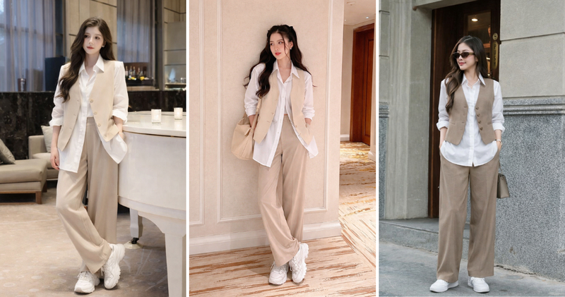 Phối đồ công sở với áo sơ mi cùng áo blazer cộc tay khoác ngoài và quần tây ống suông.