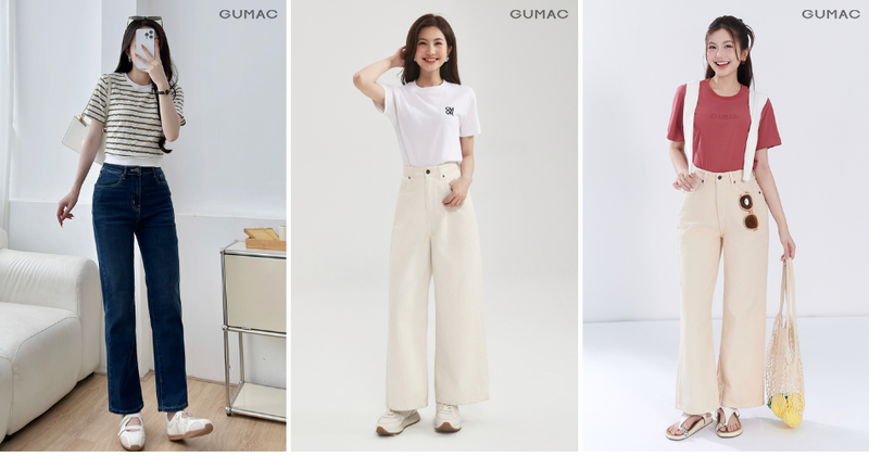Phối đồ công sở với quần jeans cạp cao ống đứng phối áo thun mỏng.