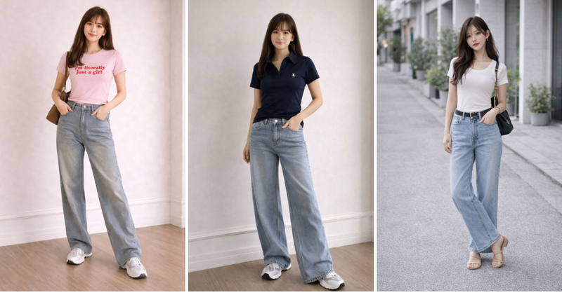 Quần jeans cạp cao ống đứng phối áo thun mỏng mang lại diện mạo trẻ trung, năng động.