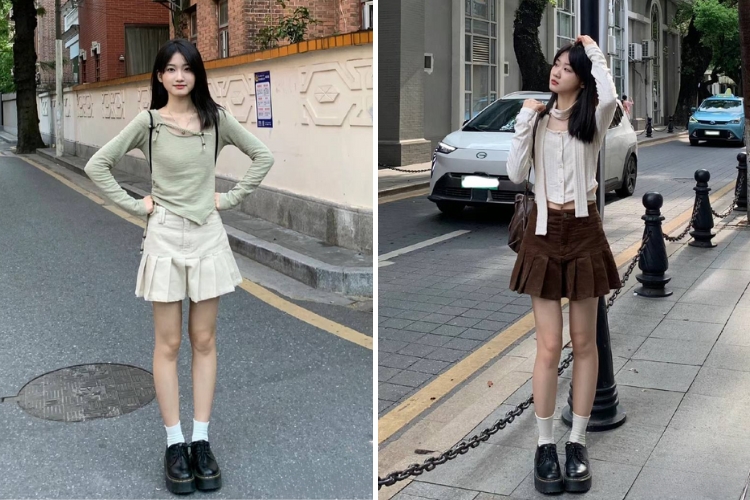 phối chân váy với áo thun kiểu cho nữ sinh