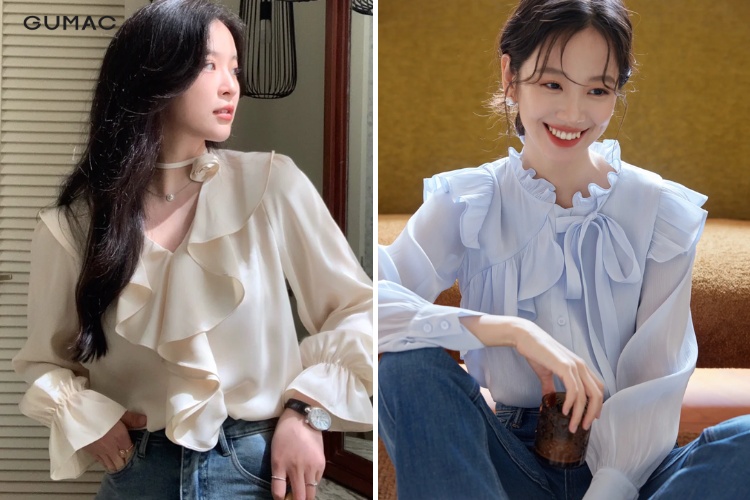 Mix sơ mi cổ bèo với quần jean ống loe mix sơ mi cổ bèo với quần jean ống loe