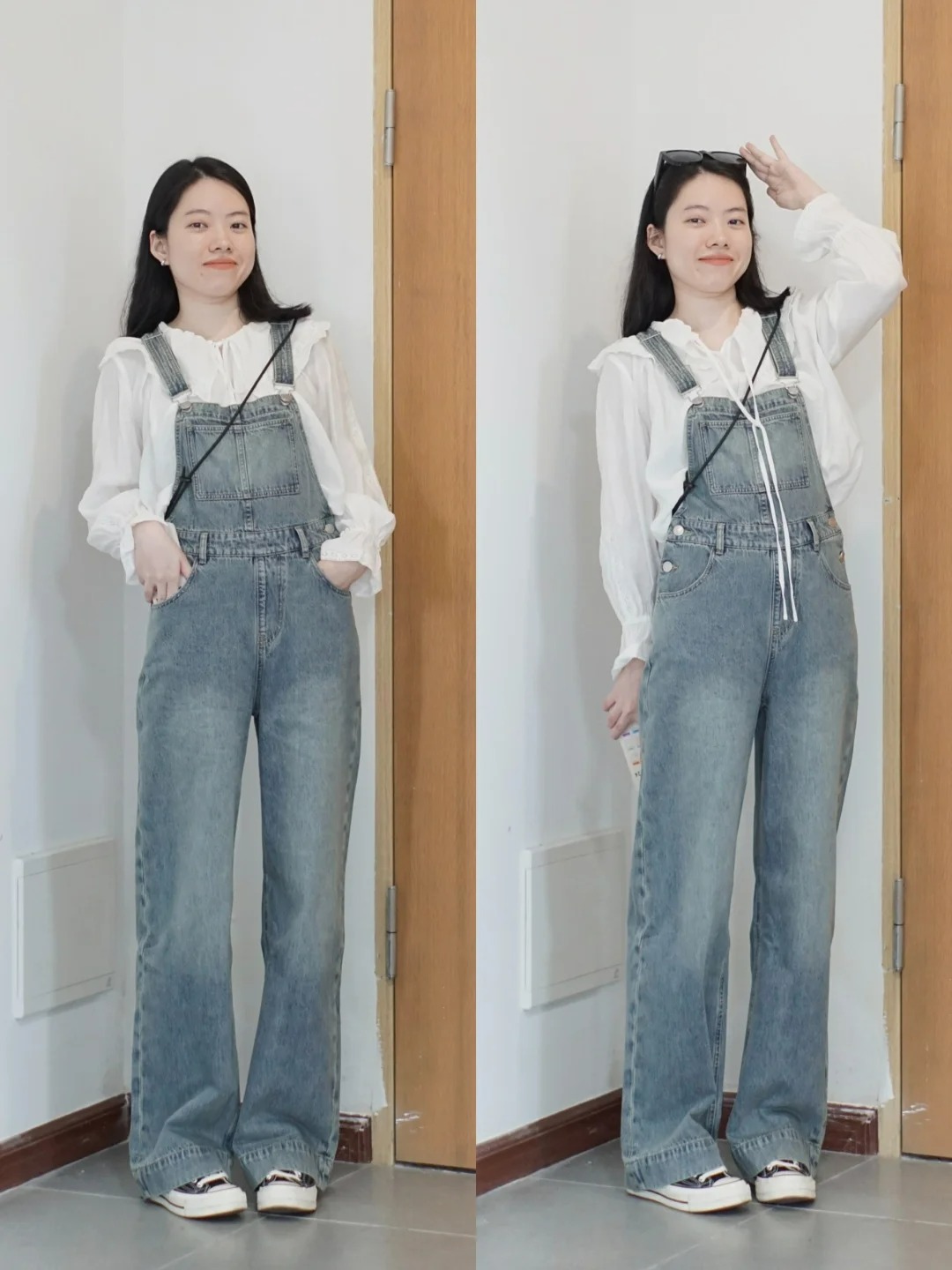 Phối áo cổ bèo cùng quần yếm phối áo cổ bèo cùng quần yếm