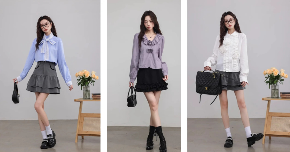 Phối đồ với áo sơ mi cổ bèo với váy ngắn phối đồ với áo sơ mi cổ bèo với váy ngắn
