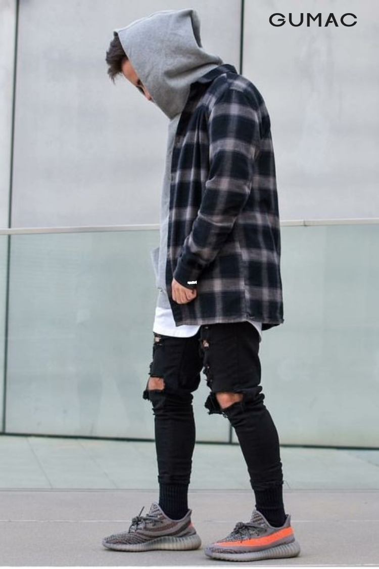Giày Yeezy 350 V2 quần jean rách áo sơ mi kẻ caro Giày Yeezy 350 V2 quần jean rách áo sơ mi kẻ caro