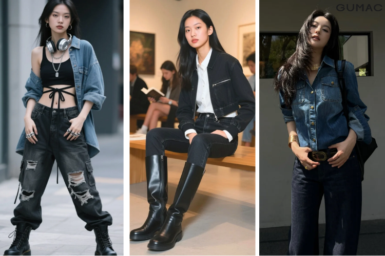 Ao denim ket hop cung quan jean den