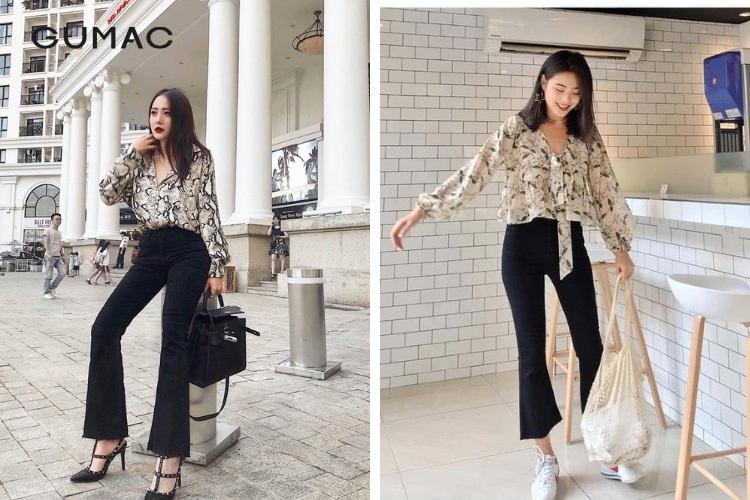 Áo họa tiết phối cùng quần jean đen ống rộng Ao hoa tiet phoi cung quan jean den ong rong