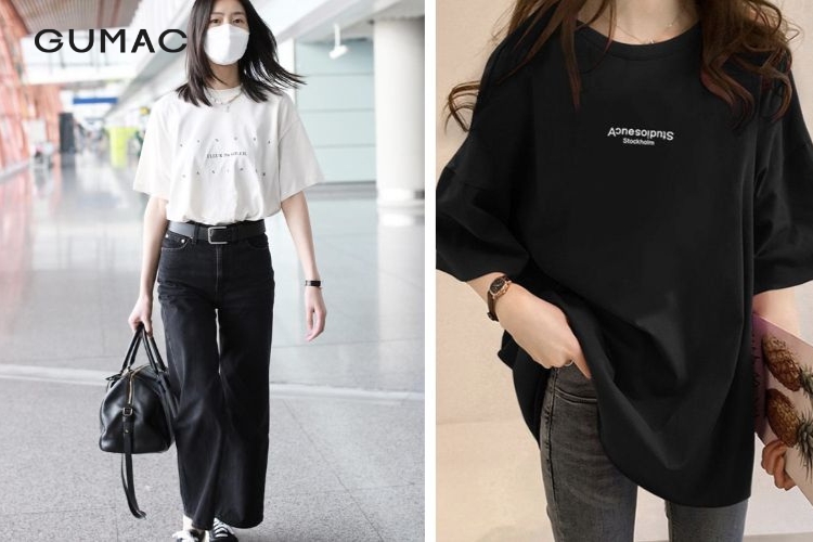 Áo thun form rộng kết hợp quần jean nữ màu đen Ao thun form rong ket hop quan jean nu mau den