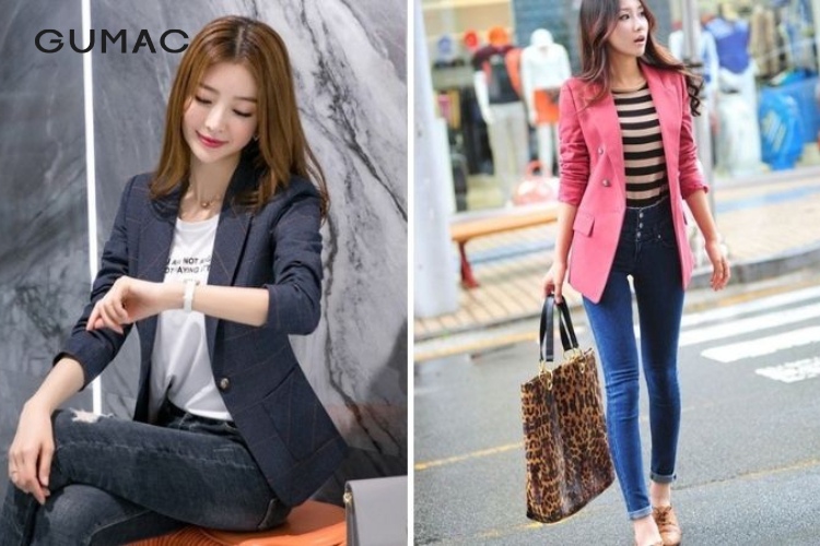 Áo khoác vest phối quần jean nữ ôm Áo khoác vest phối quần jean nữ ôm