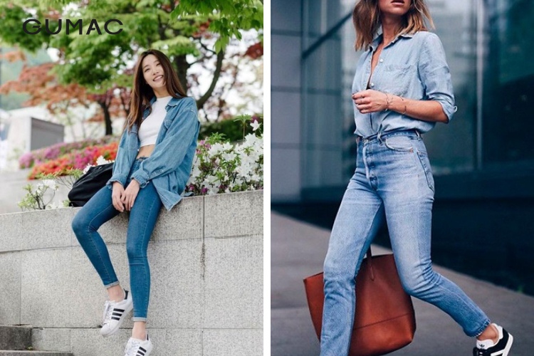 Áo sơ mi Denim mix quần jean ôm nữ Áo sơ mi Denim mix quần jean ôm nữ