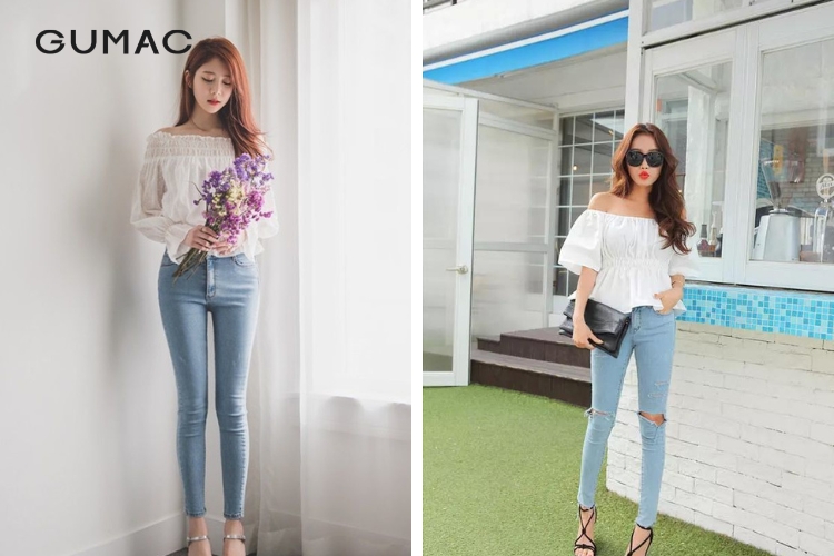 Áo trễ vai kết hợp cùng quần jean ôm Áo trễ vai kết hợp cùng quần jean ôm