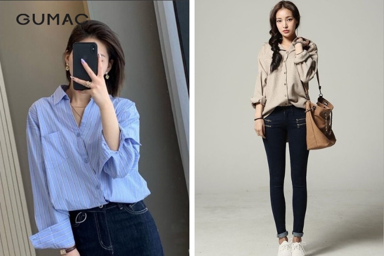 Kết hợp áo sơ mi rộng với quần jean ôm Kết hợp áo sơ mi rộng với quần jean ôm