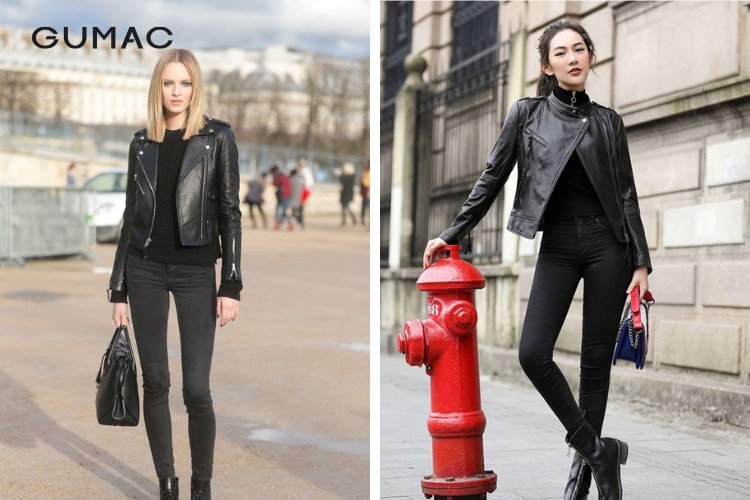 Phối quần jean ôm với áo khoác da Phối quần jean ôm với áo khoác da