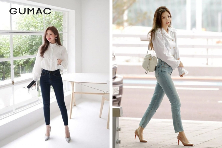 Quần jean ôm lung cao và áo sơ mi công sở Quần jean ôm lưng cao và áo sơ mi công sở