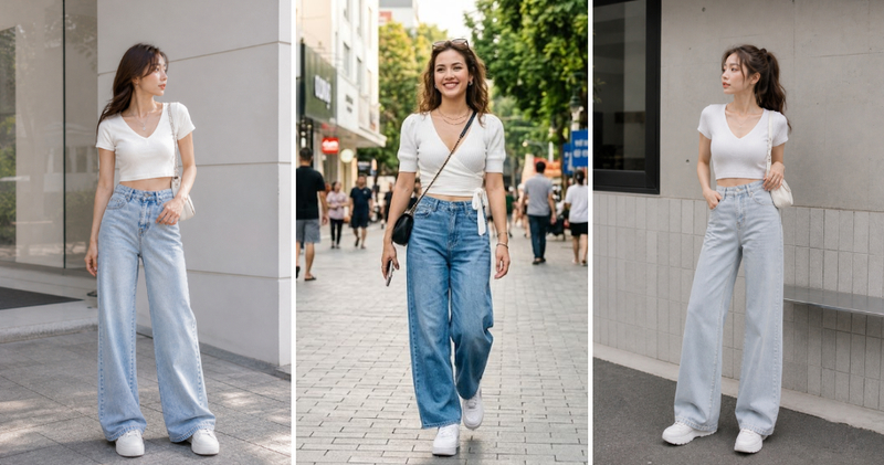 Áo croptop cổ chữ V kết hợp cùng quần jean ống rộng hở một chút eo sự tinh tế.