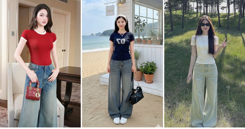 Phối quần bò ống rộng với áo thun oversize sơ vin nửa vạt năng động.