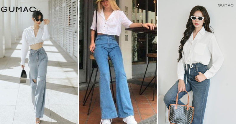 Phối quần bò ống rộng với áo sơ mi croptop thanh lịch xen lẫn phá cách.