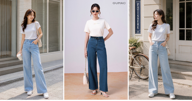 Quần bò ống rộng phối áo thun basic an toàn nhưng không nhàm chán.
