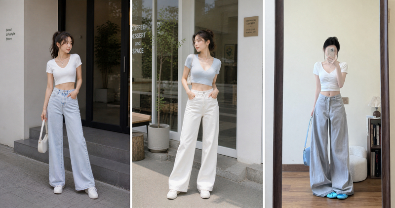 Quần jean ống rộng kết hợp với áo croptop cổ chữ V hack eo thon cực đỉnh.