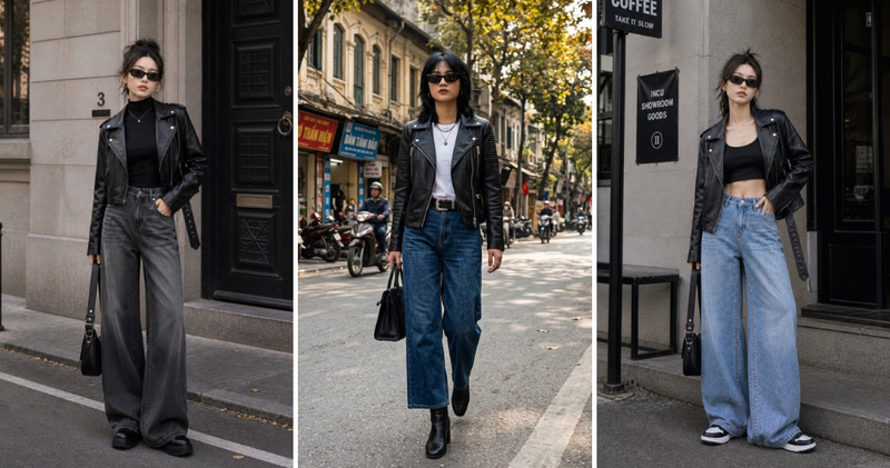 Quần jean ống rộng phối áo khoác da Biker chuẩn "soái tỷ".