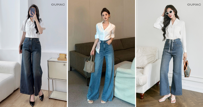 Quần ống rộng jean mặc với áo sơ mi công sở tạo combo "quốc dân" thanh lịch.