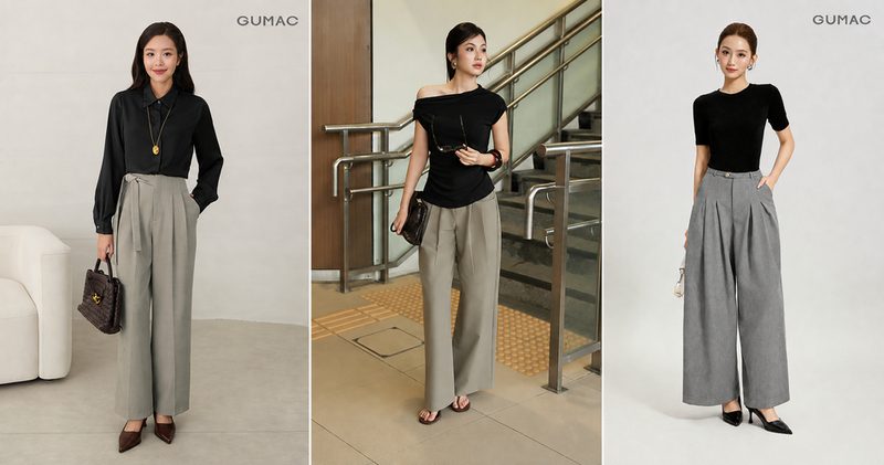 Áo đen tạo nền màu đậm, giúp quần xám trở thành phần cân bằng của bộ trang phục.