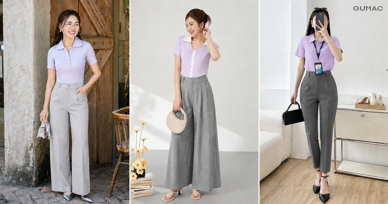 Quần xám phối áo tím pastel có gu, dịu mắt.