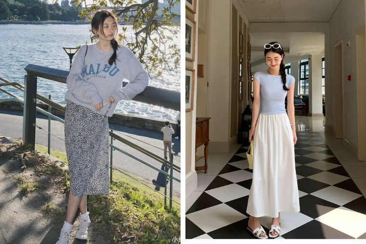 Set đồ xinh từ áo nỉ và chân váy midi Set đồ xinh từ áo nỉ và chân váy midi