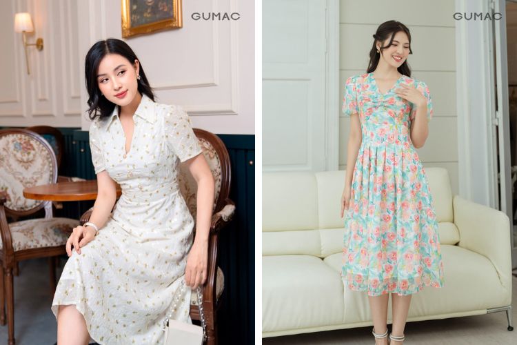 Váy hoa cổ V Váy hoa cổ V