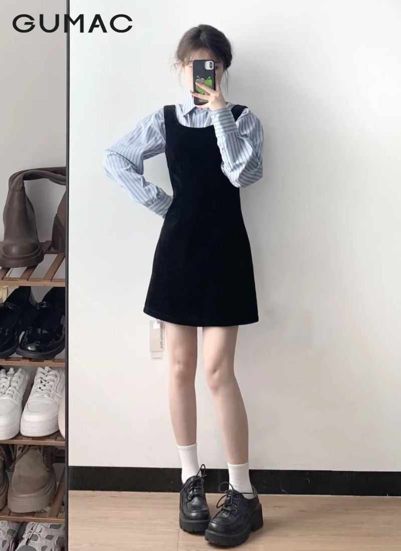 Đầm suông mix áo sơ mi dài có cổ Đầm suông mix áo sơ mi dài có cổ