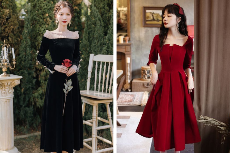 đầm nhung cổ thuyến sang trọng đầm nhung cổ thuyến sang trọng