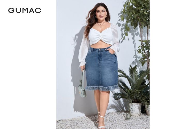 Chân váy jean mix áo croptop cho nữ 60kg Chân váy jean mix áo croptop cho nữ 60kg