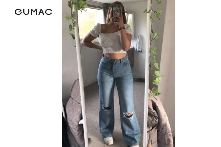 Quần jean ống rộng phối áo croptop cho nữ 60kg Quần jean ống rộng phối áo croptop cho nữ 60kg