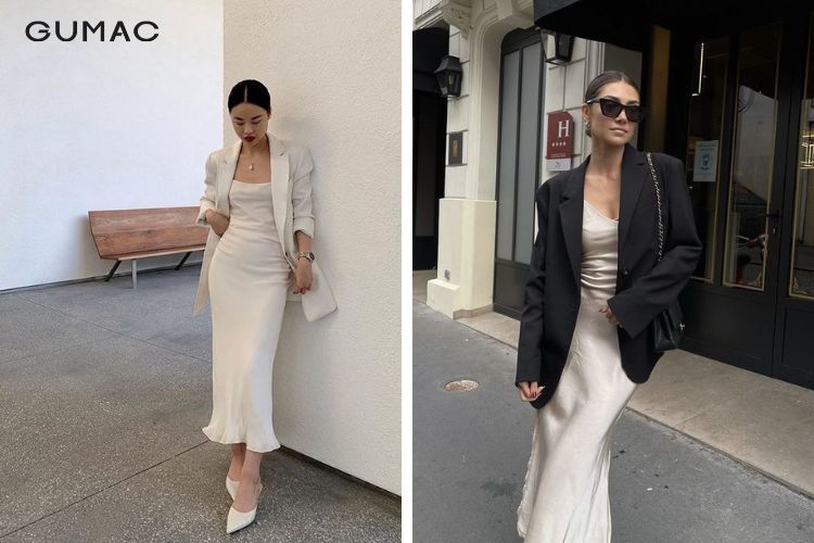 Blazer phối đầm dài màu trơn Blazer phối đầm dài màu trơn