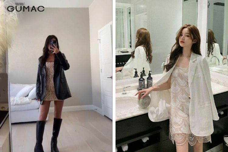 Đầm họa tiết màu be mix áo blazer Đầm họa tiết màu be mix áo blazer