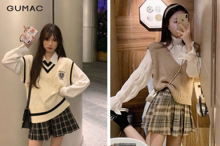 Áo gile kết hợp với sơ mi cổ hoa và chân váy kẻ caro Áo gile kết hợp với sơ mi cổ hoa và chân váy kẻ caro