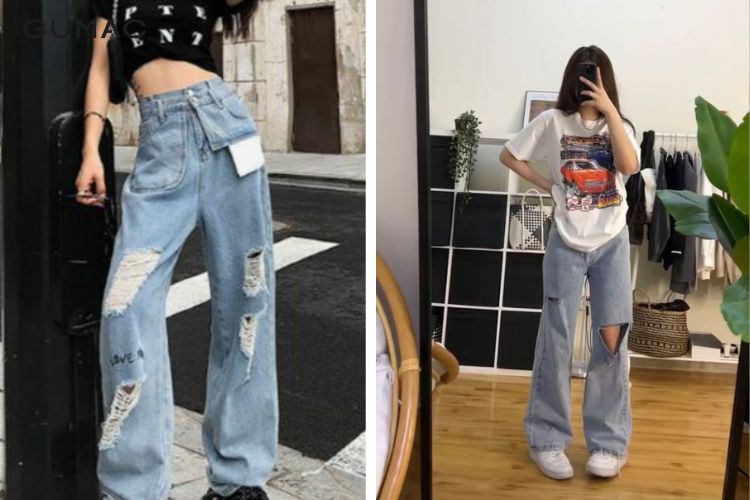 Áo thun tay lỡ + quần jeans rách bụi Áo thun tay lỡ + quần jeans rách bụi