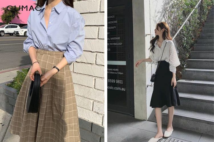 Chân váy dáng xòe kết hợp cùng áo sơ mi Chân váy dáng xòe kết hợp cùng áo sơ mi