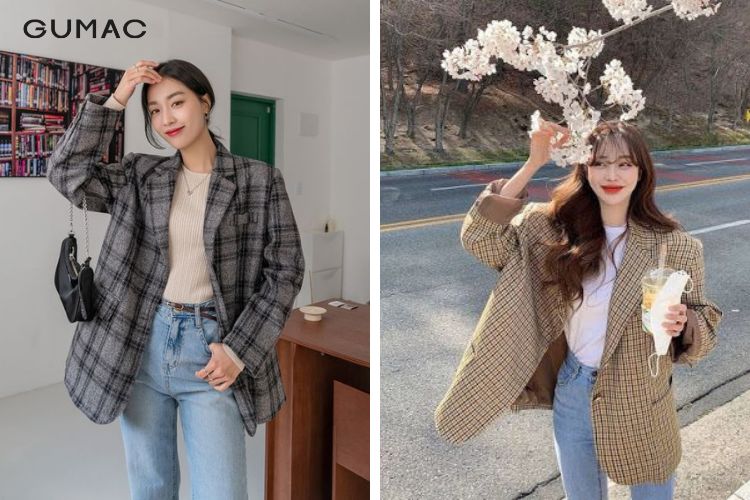 Cách phối blazer caro và quần jeans cá tính Cách phối blazer caro và quần jeans cá tính