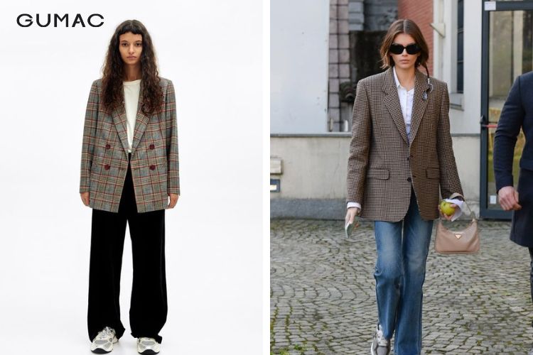 Mix blazer caro và quần tây ống đứng Mix blazer caro và quần tây ống đứng