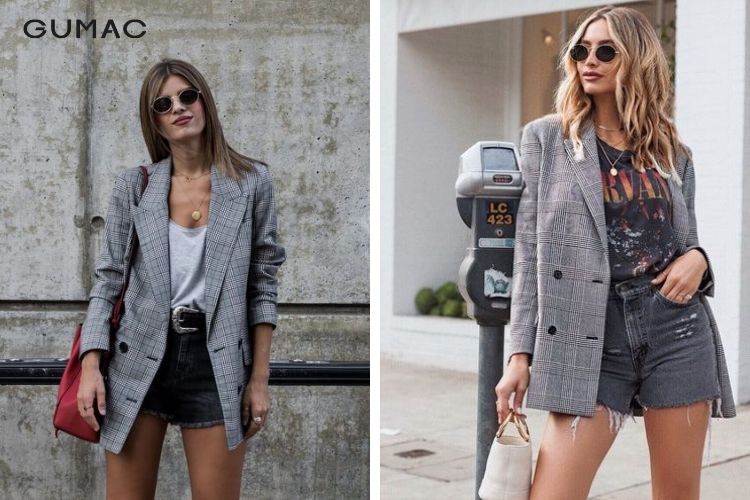 Mix blazer caro với quần short năng động Mix blazer caro với quần short năng động